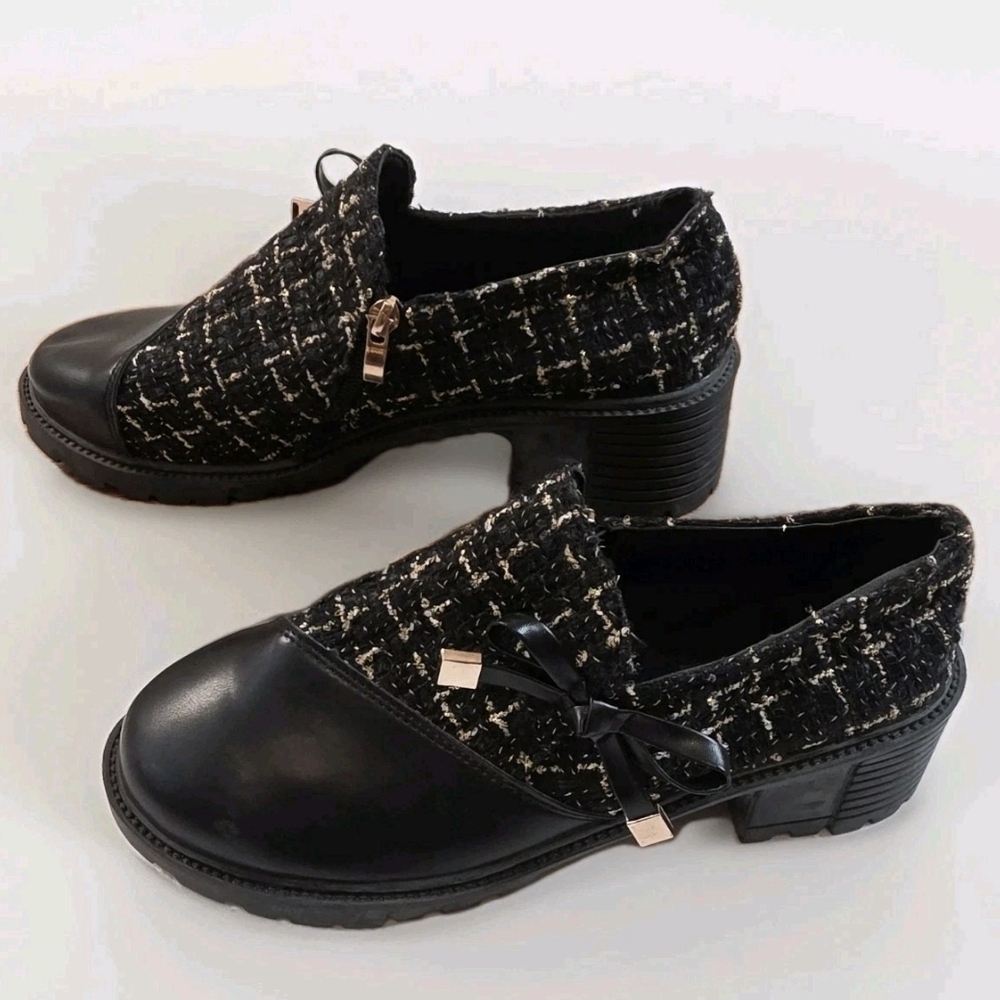 DG Women Leather Tweed Booties Size 10  Block Heel Preppy Classy Oxford Bow